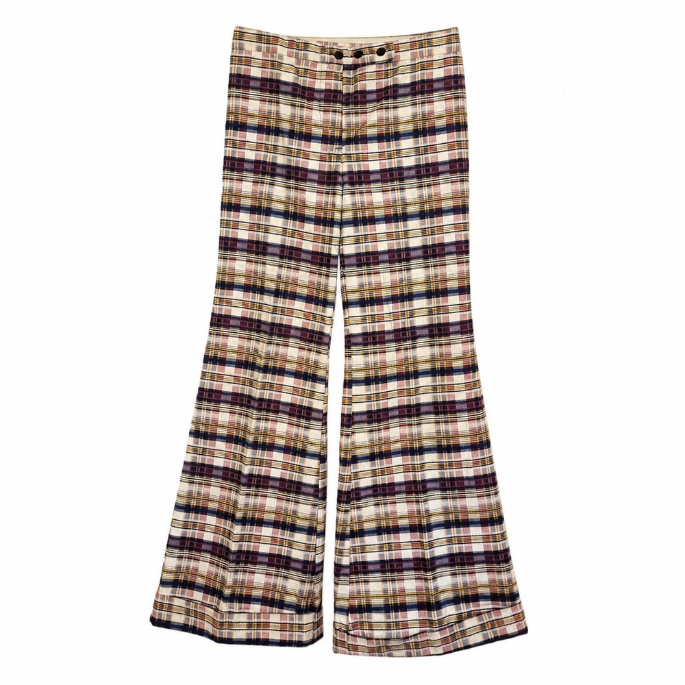 Vintage 1970s Plaid Wide Leg Pants 28W High Rise Bell Bottom Disco Hippie Mod